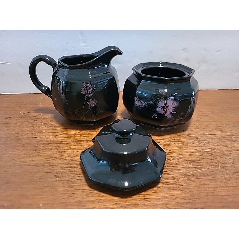 Mikasa EBONY GARDEN Sugar Bowl and Creamer Set Pink Yellow Flowers Black F3701
